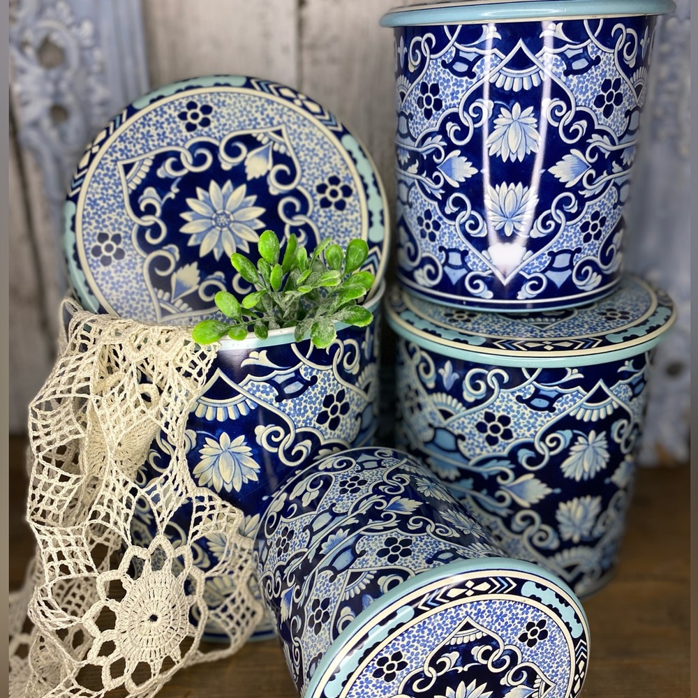 Vintage Blue and White Delft Metal Canisters - Picture 2 of 6